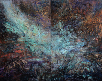 The Fall Diptych. Corroded copper and iron, acrylic paint and feathers on canvas, approx. 150cm x 240cm x 4cm. Georg Meyer-Wiel