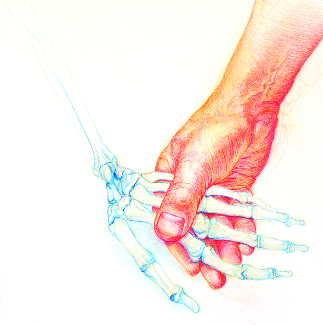 Holding Lucy's Hand Coloured Pencil My focus is portraiture and figurative work. To improve my drawing skills and better understand the underlaying structure of the human form I have made a number of anatomical studies using male and female skeletons. This drawing is also a self portrait as the hand is mine holding Lucy’s. Lucy was named after the bones of first homo sapiens skeleton was found in Kenya.