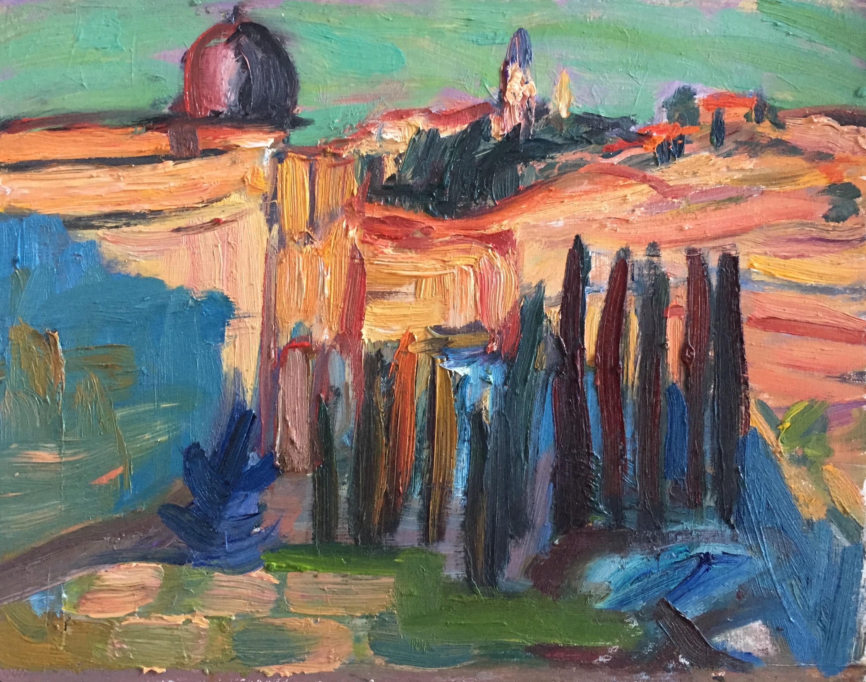 Jerusalem; Mount of Olives from the Western Wall - Oil on Board  26 x 20 cm  